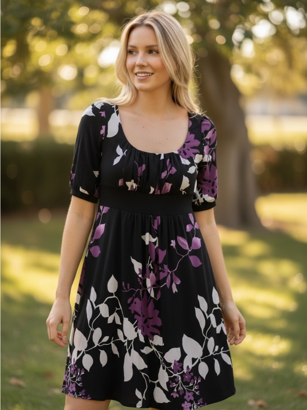 Signature Black Mini Dress with Purple and Cream Floral Print